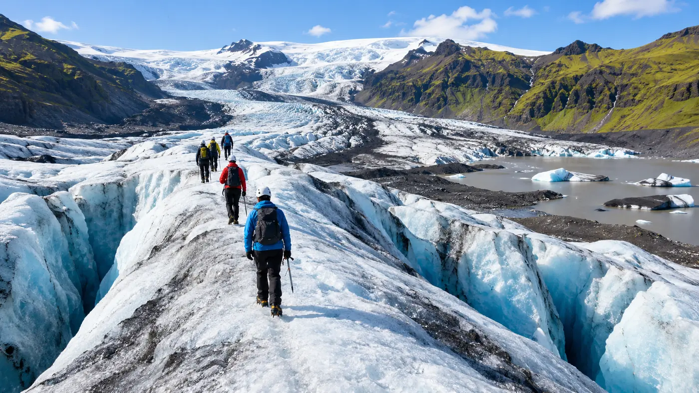 A guided group seen from behind on a broad ice ridge with deep blue crevasses on both sides