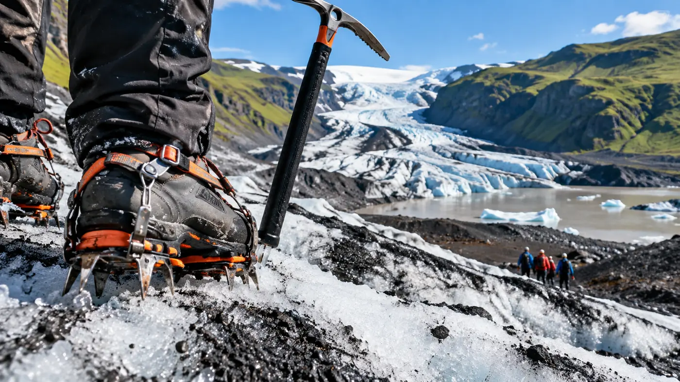 Crampons gripping white ice streaked with black volcanic ash next to an ice axe