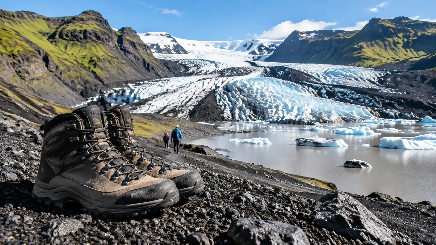 A pair of waterproof leather hiking boots standing on black volcanic gravel