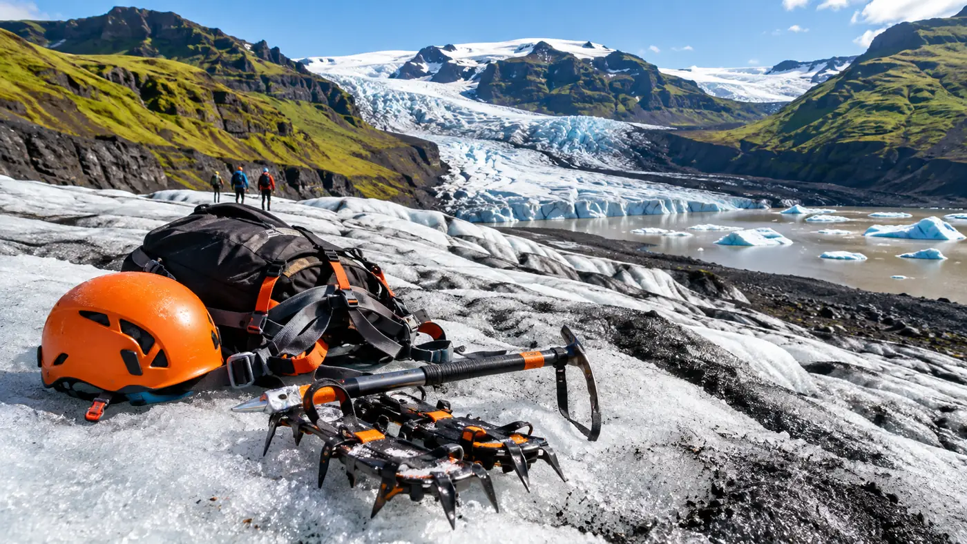 A helmet, harness, ice axe and pair of crampons laid out on glacier ice