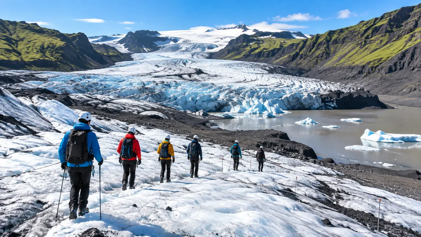 A small guided group seen from behind walking up a gentle, smooth ice slope