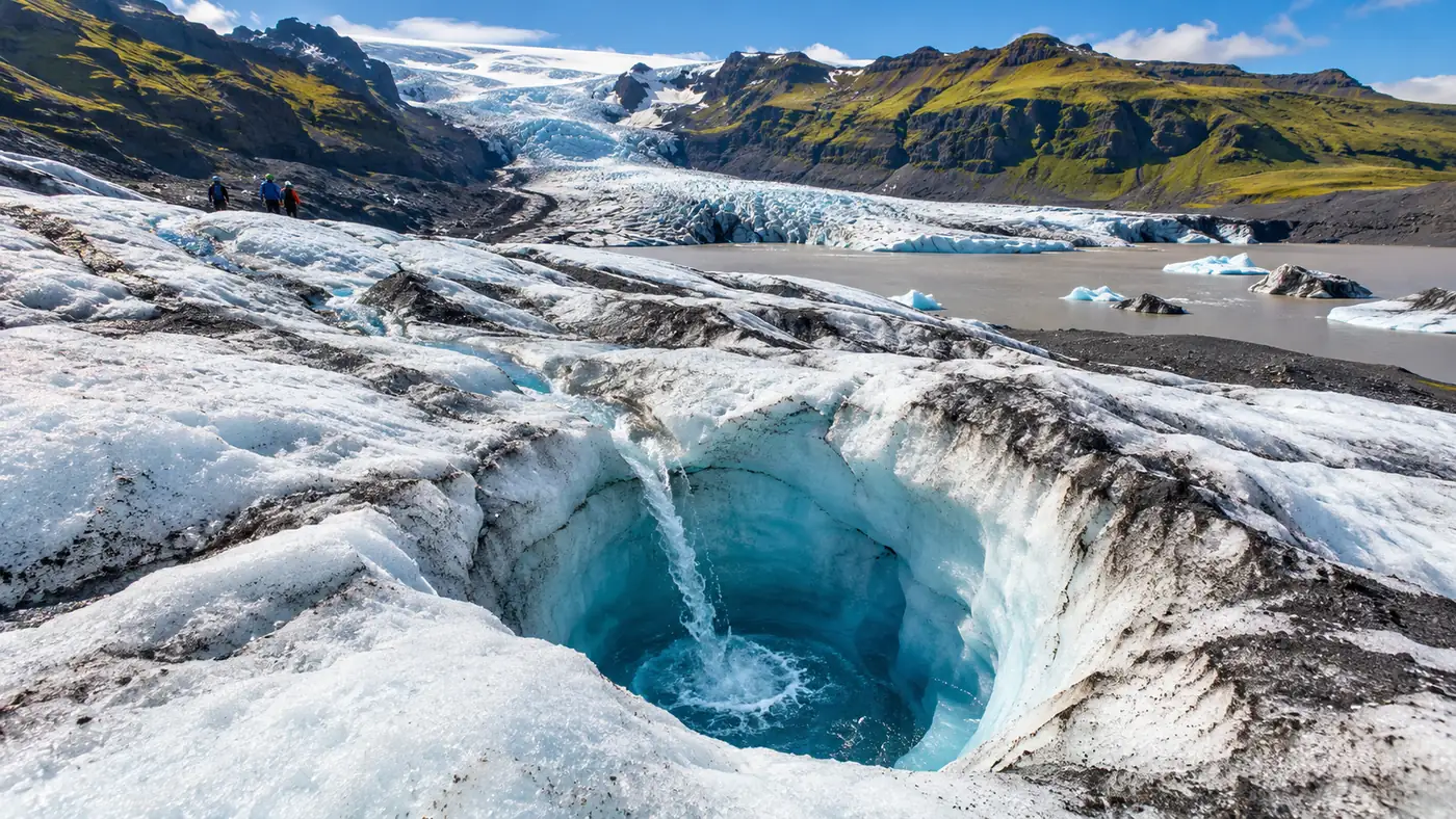 A round sinkhole in glacier ice with a stream of meltwater pouring into it