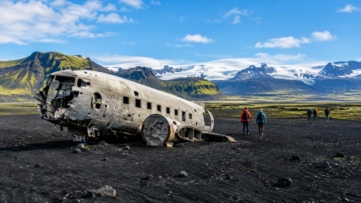 The bare fuselage of a DC-3 aircraft on a flat black sand plain under grey cloud