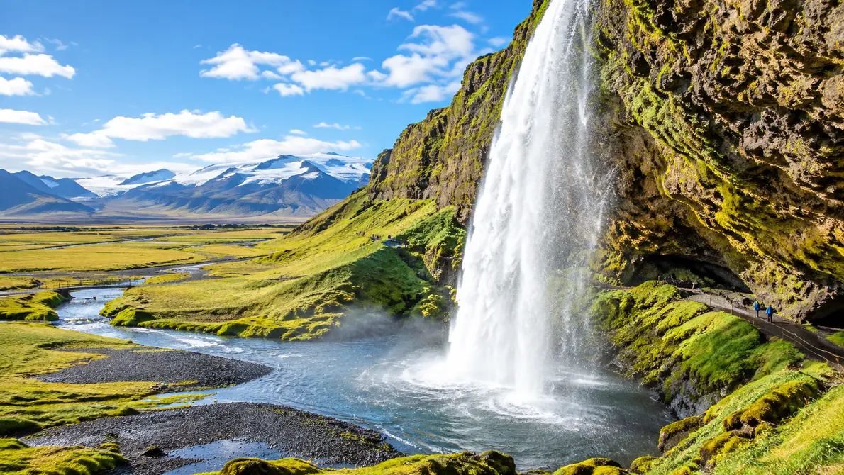 Seljalandsfoss falling from a green cliff, with the footpath curving behind the water