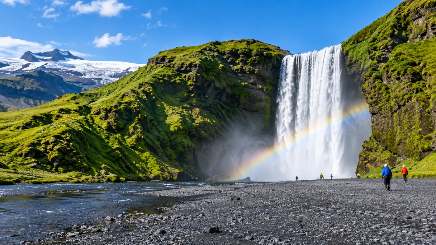 Skógafoss falling over a wide green cliff with a rainbow in the spray