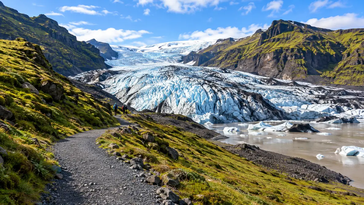 Gravel path climbing a mossy green hillside toward a grey and white glacier tongue