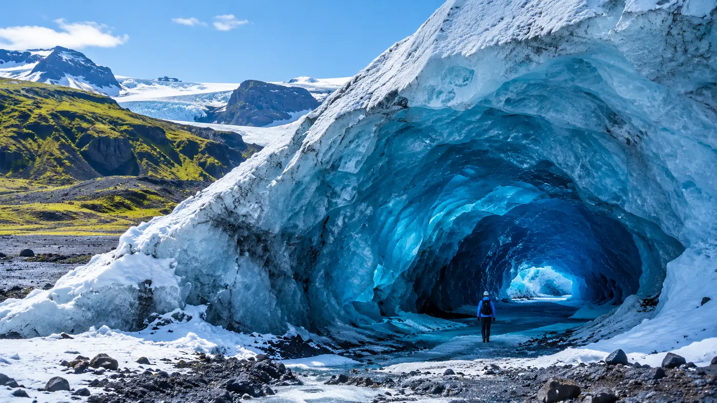 The wide entrance of a blue winter ice cave in Vatnajökull, ice ceiling arching overhead