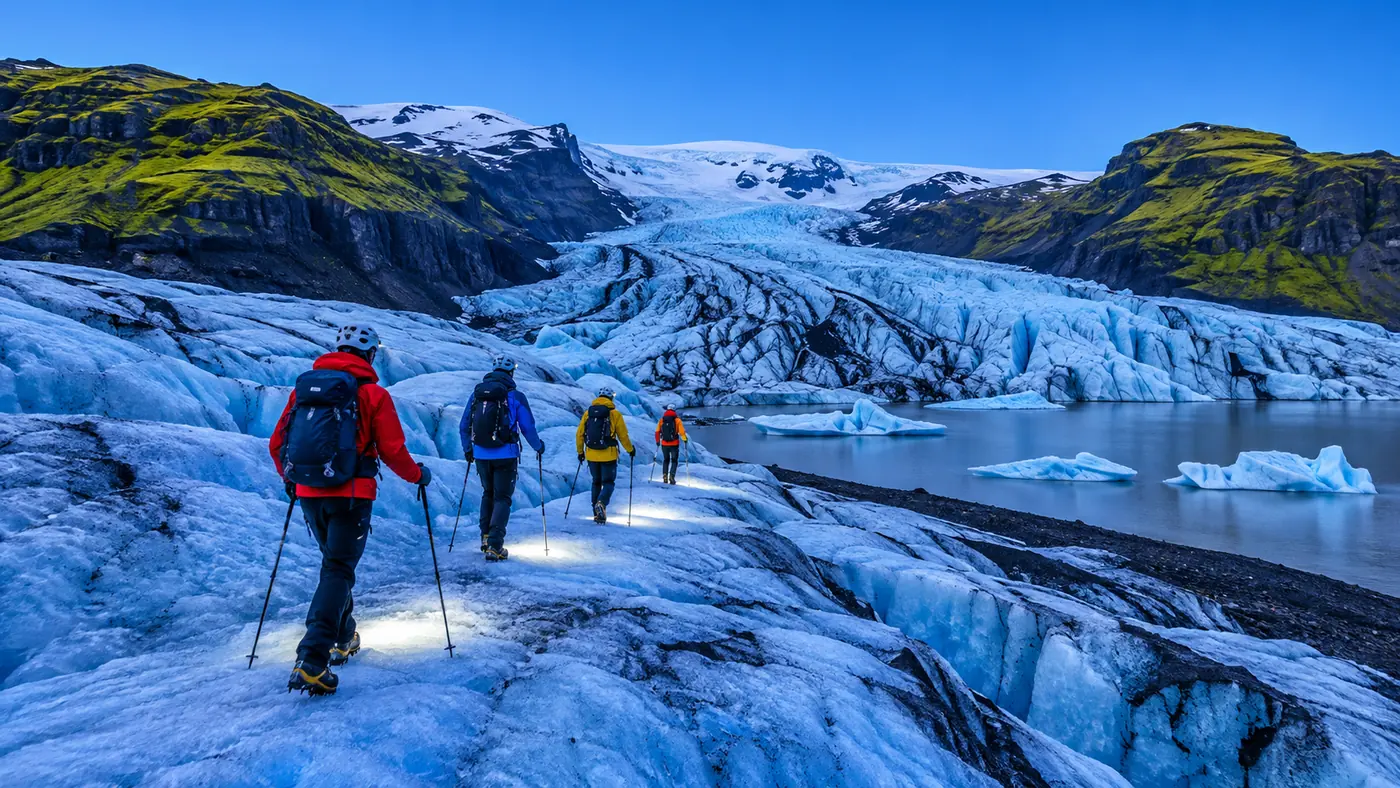 A group with headlamps on the ice at blue hour