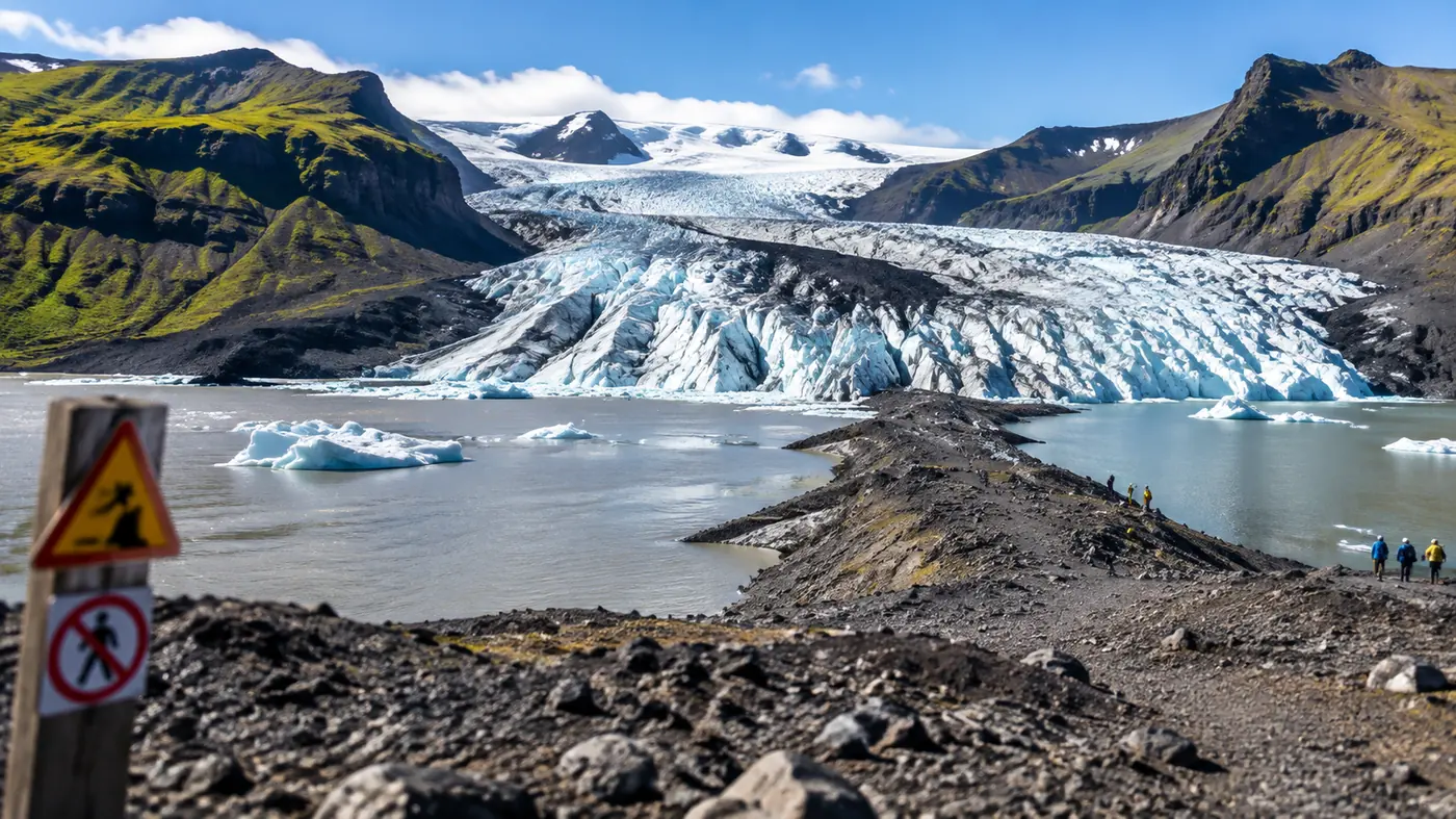 A thin ice ridge between two lagoons seen from the moraine