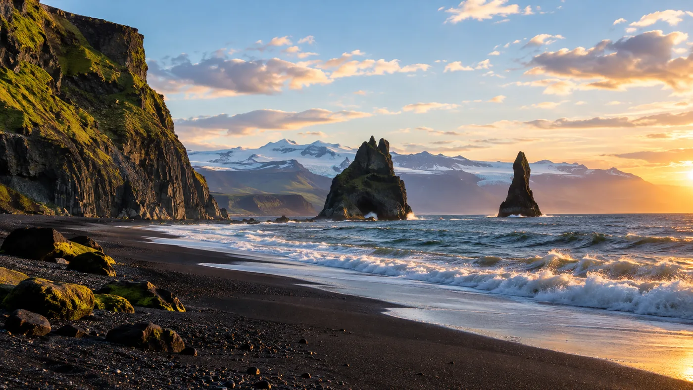 The Reynisdrangar sea stacks at low sun