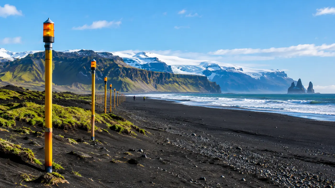 Warning light posts on a black beach